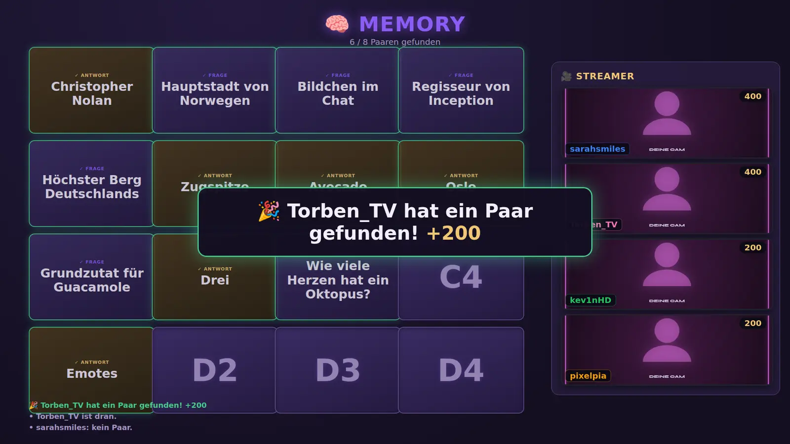 Memory: Beispielansicht 3 mit Beispielinhalten