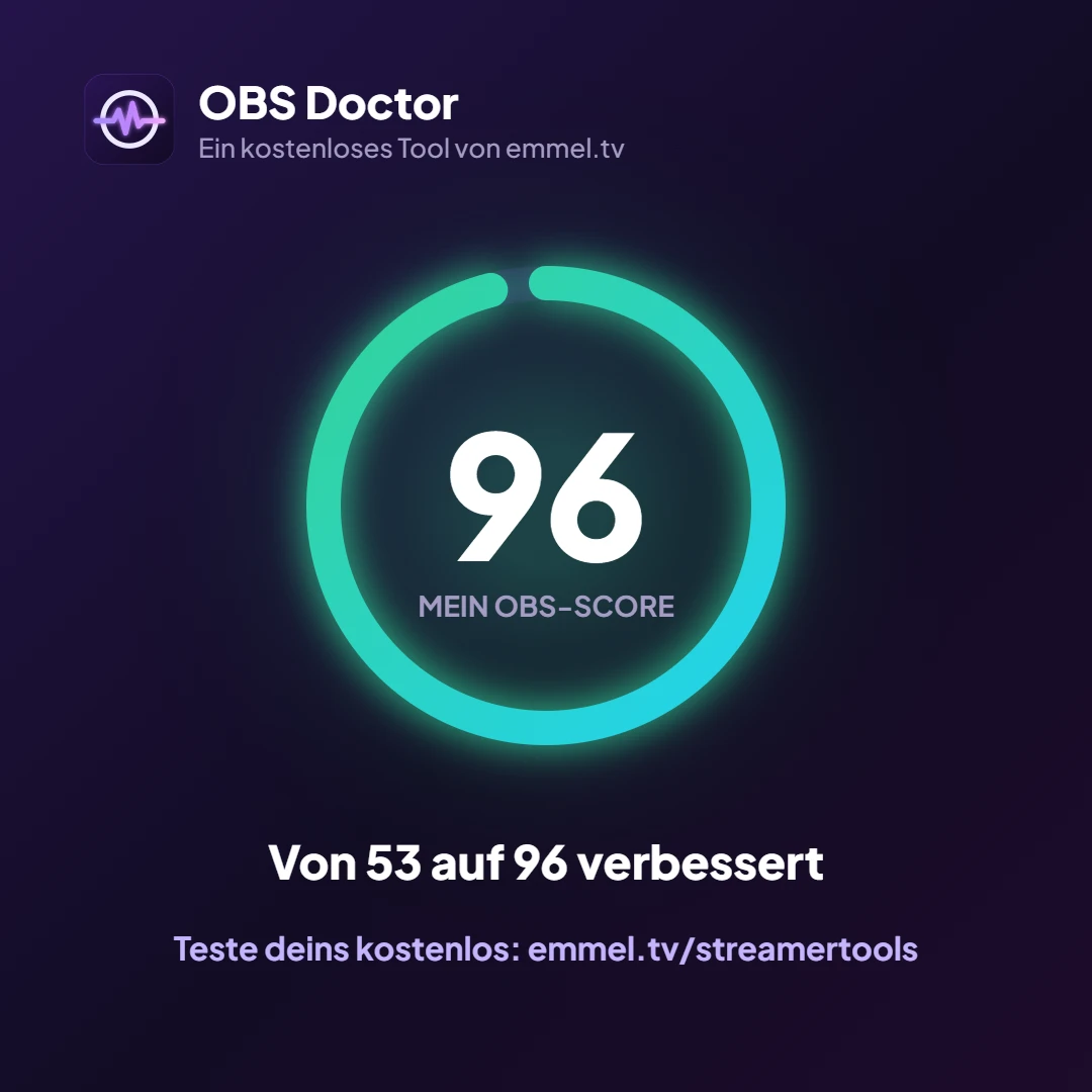 Teilen-Grafik aus dem OBS Doctor: Mein OBS-Score 96, von 53 auf 96 verbessert